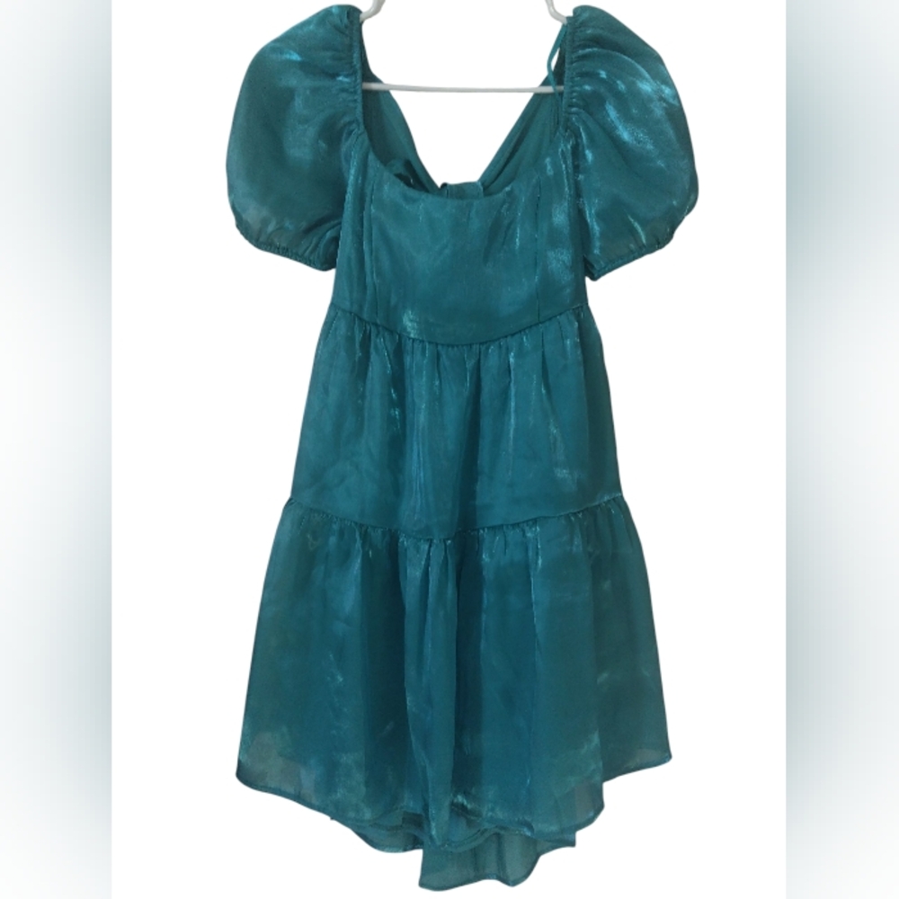 Chic Teal Puff Sleeve Mini Dress